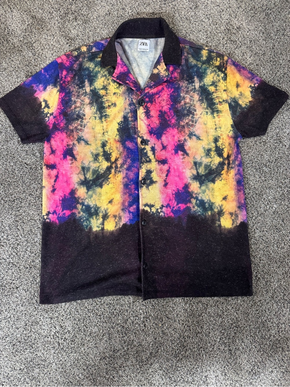 Zara Men’s Black Pink Yellow Blue Tie-Dye Short Sleeve Button Shirt